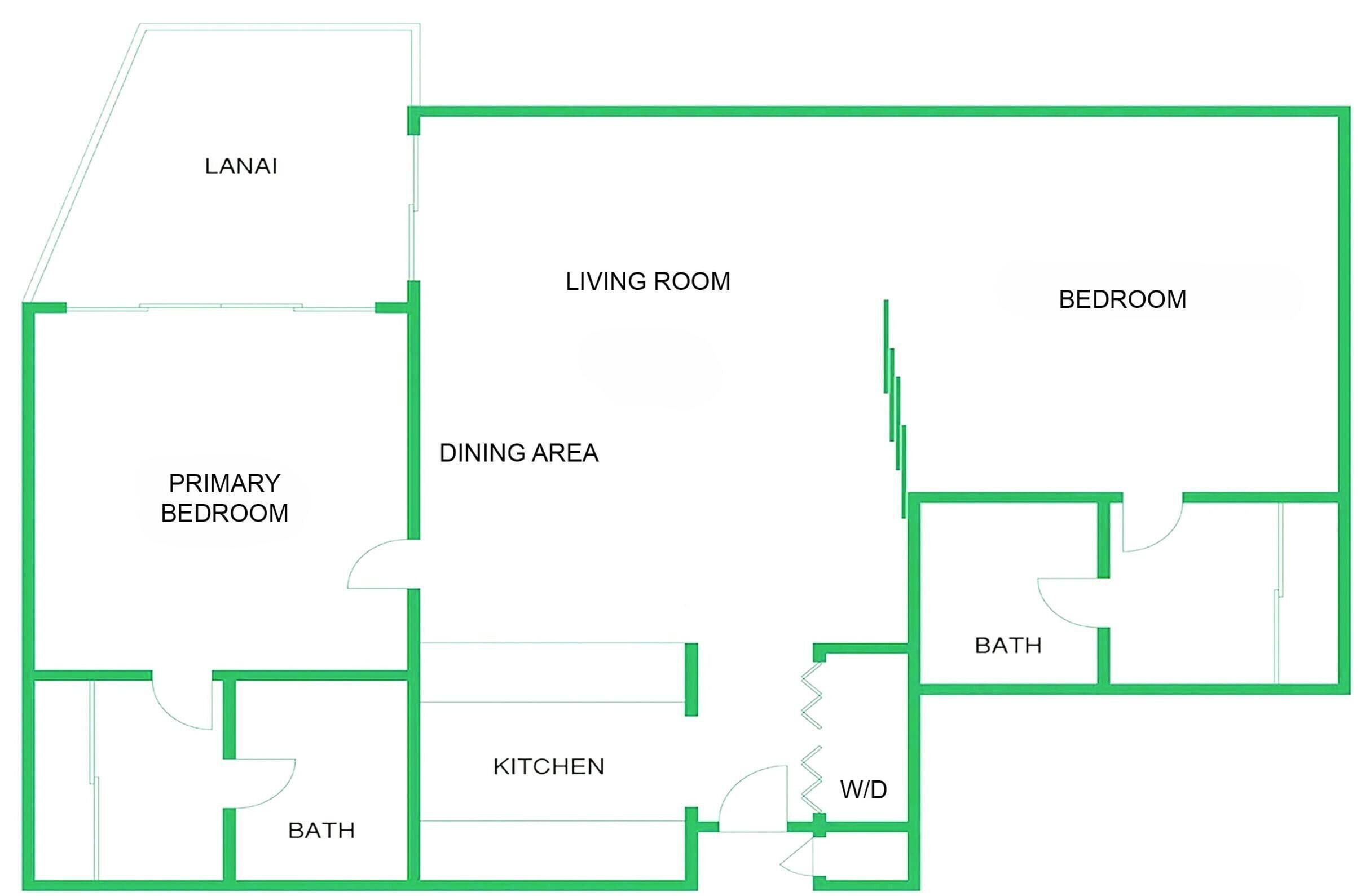 Planta baixa com varanda, quarto principal, sala de estar, sala de jantar, cozinha e duas casas de banho.