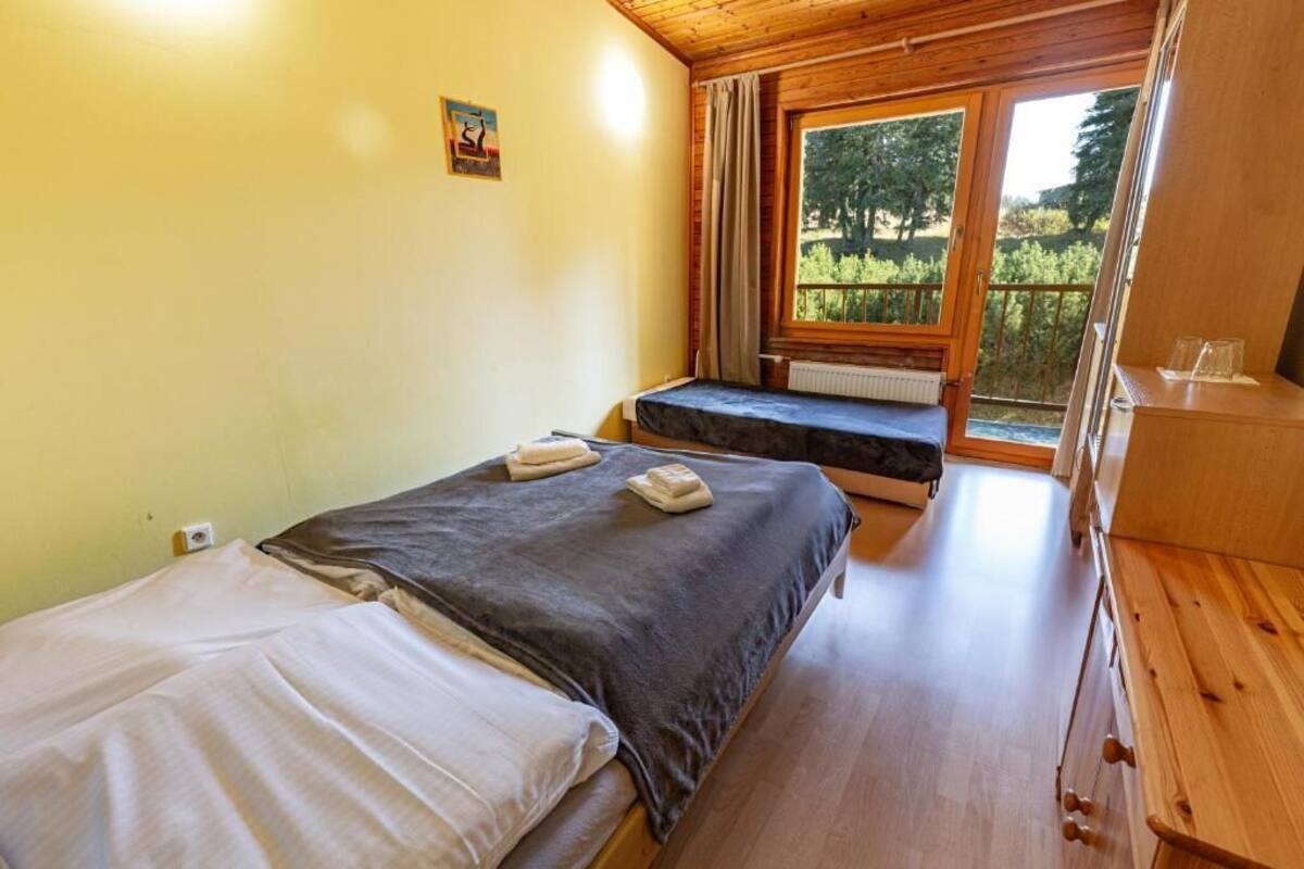 A bedroom with two beds, a wooden ceiling, a window with a view of greenery, and a small table with cups.