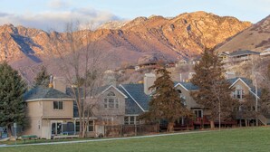 Un quartier résidentiel avec des maisons, un champ verdoyant et des montagnes en arrière-plan.