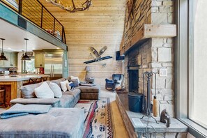 Télévision, cheminée, lecteur de DVD, espaces bureaux