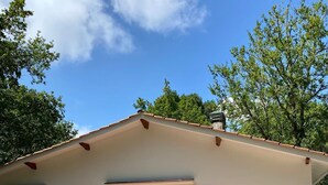 Een gelijkvloers huis met een plat dak, een voortuin en een schuifdeur van glas.