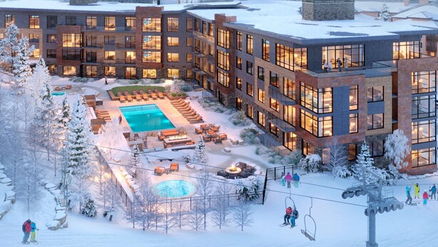 A modern hotel with a pool, ski slope, and snow-covered landscape. - Pool Deck, Hot Tubs & Gym - Stunning Condo in New Ski-In, Ski-Out Community (Park City)