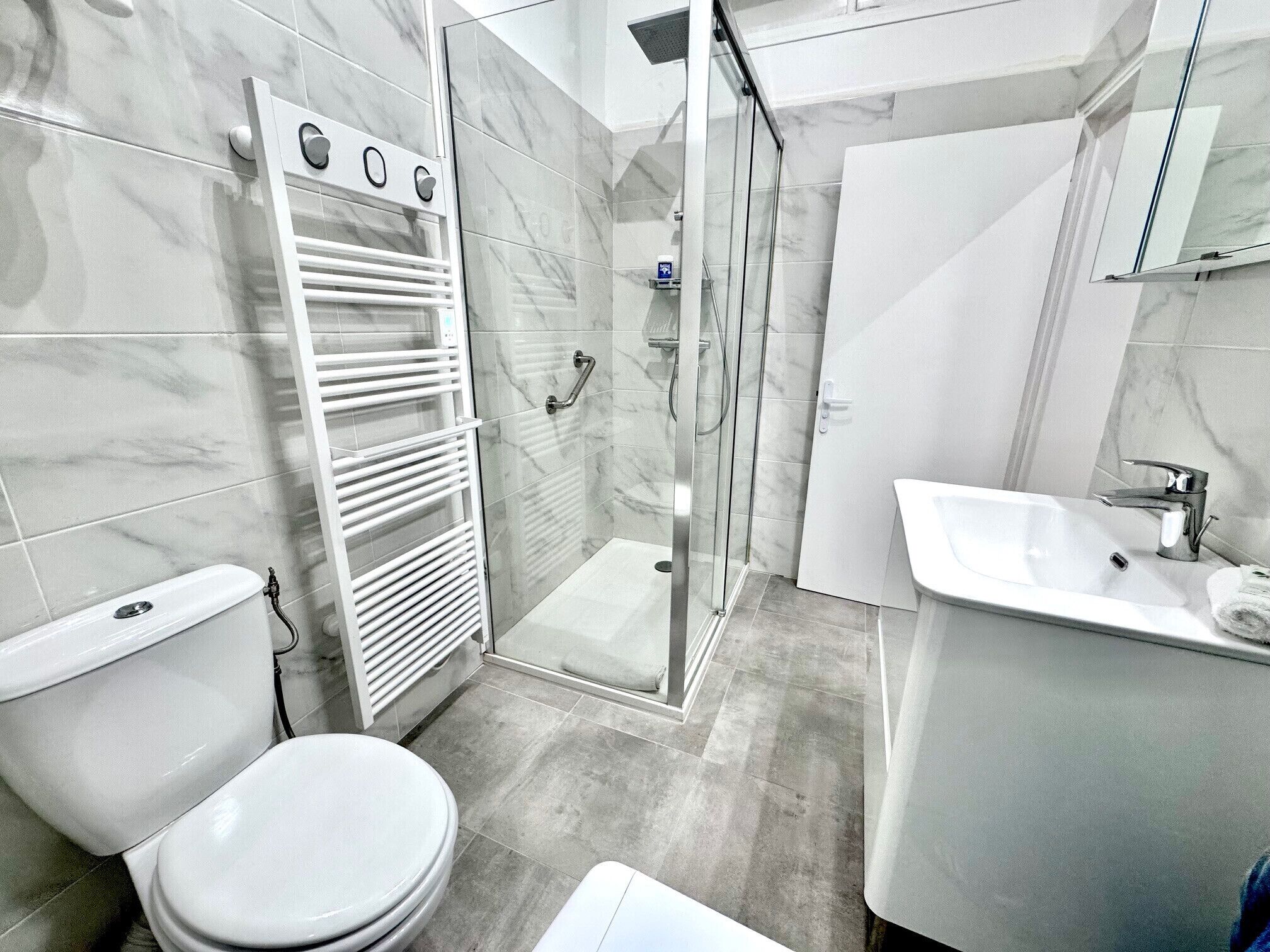 Et moderne badeværelse med en glasvægs brusekabine, et hvidt toilet og en vask med spejl.
