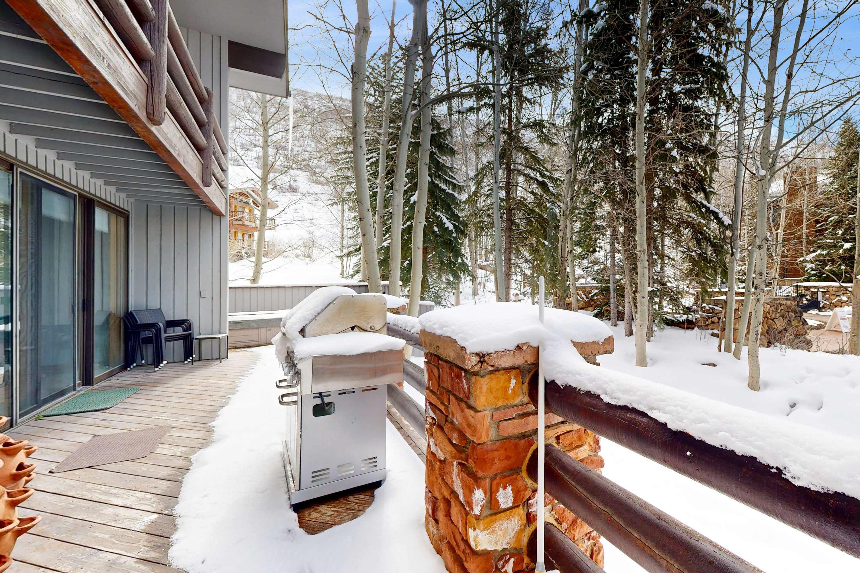 Une terrasse en bois avec un barbecue, un mur en pierre et des arbres couverts de neige.