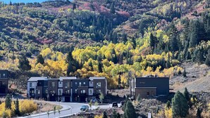 Un quartier résidentiel avec des immeubles modernes à plusieurs étages, une route sinueuse et une colline parée des couleurs automnales.