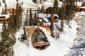 Un chalet de montagne enneigé, doté d’une entrée arquée imposante, entouré de grands pins et d’autres bâtiments.