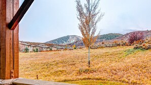 Blick auf ein Gebäude mit Holzfassade und einem grünen Feld im Vordergrund.
