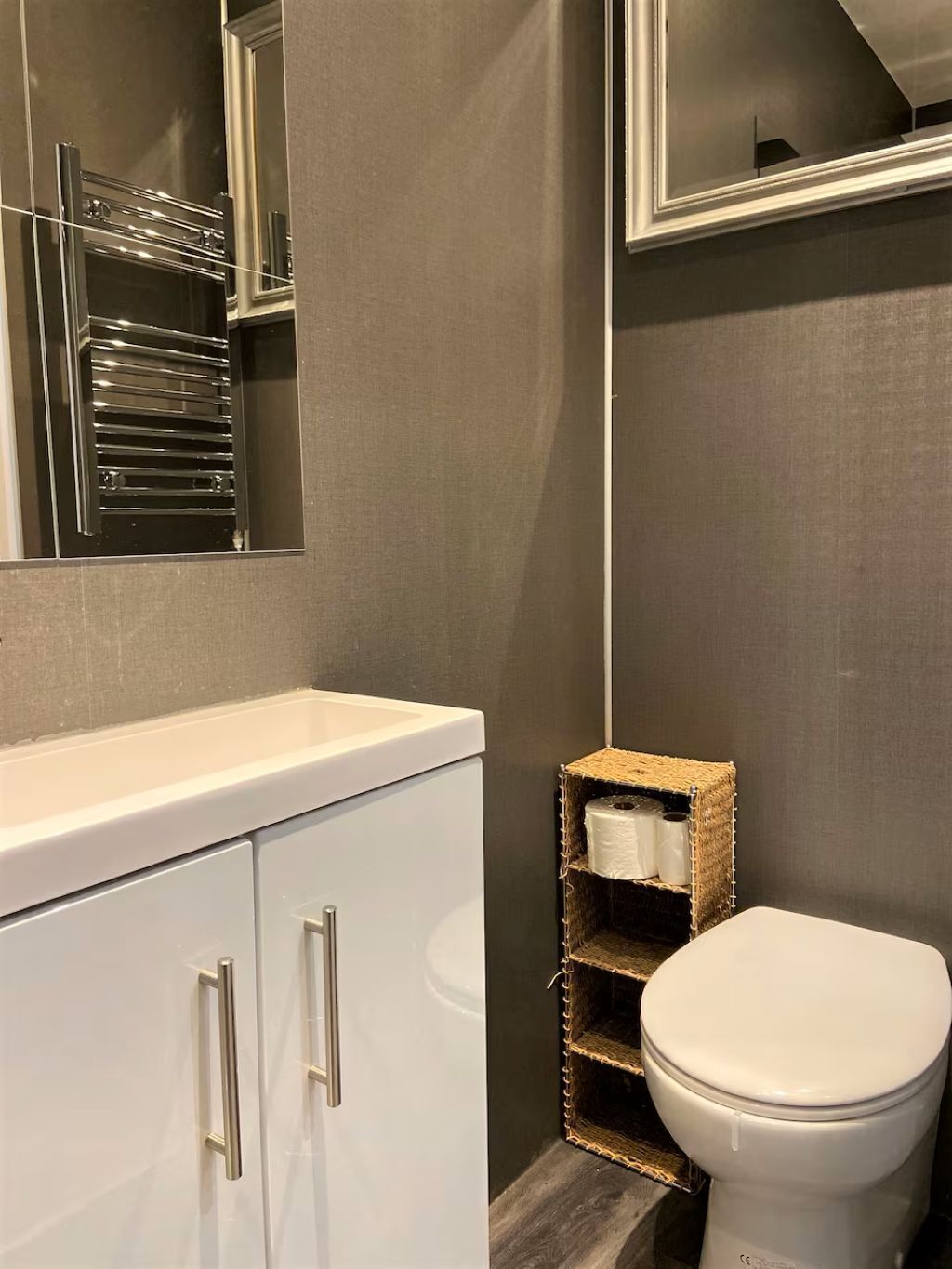 A modern bathroom with a white vanity, a toilet, and a mirror.