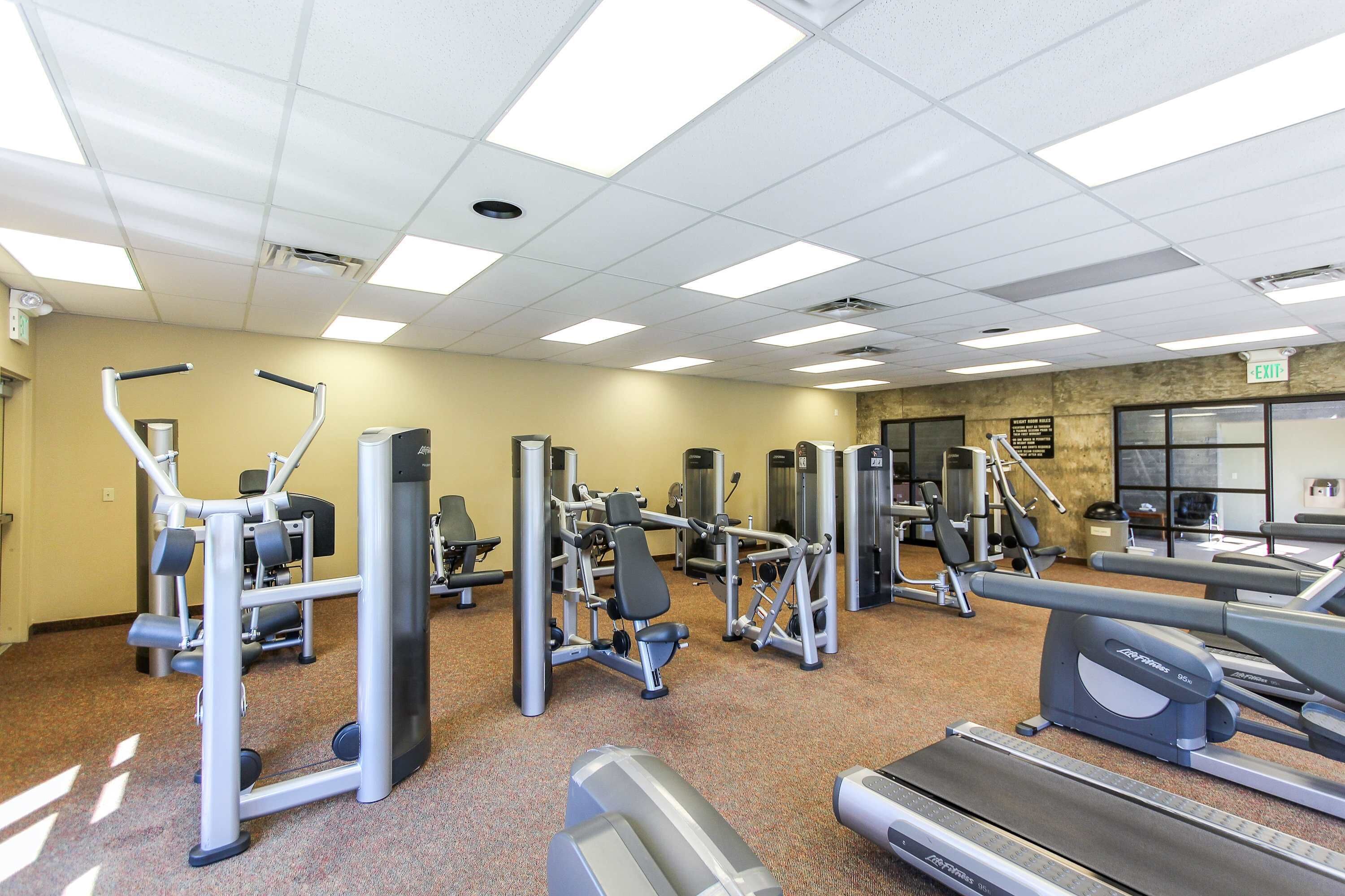 A gym with various exercise machines, a treadmill, and a wall-mounted television.