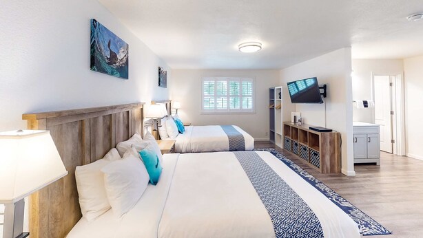 Habitación de hotel con dos camas, televisión, ventana y cabecero de madera.