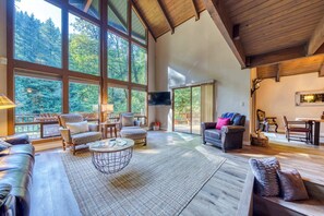 TV, fireplace, offices - Creekside home with hot tub, deck, & great woodland views (Rhododendron)