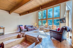 TV, fireplace, offices - Creekside home with hot tub, deck, & great woodland views (Rhododendron)