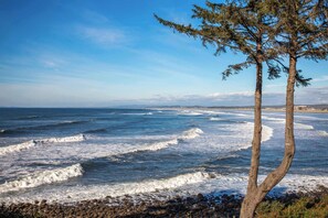 A coastal view with waves, a rocky shoreline, and a tree.