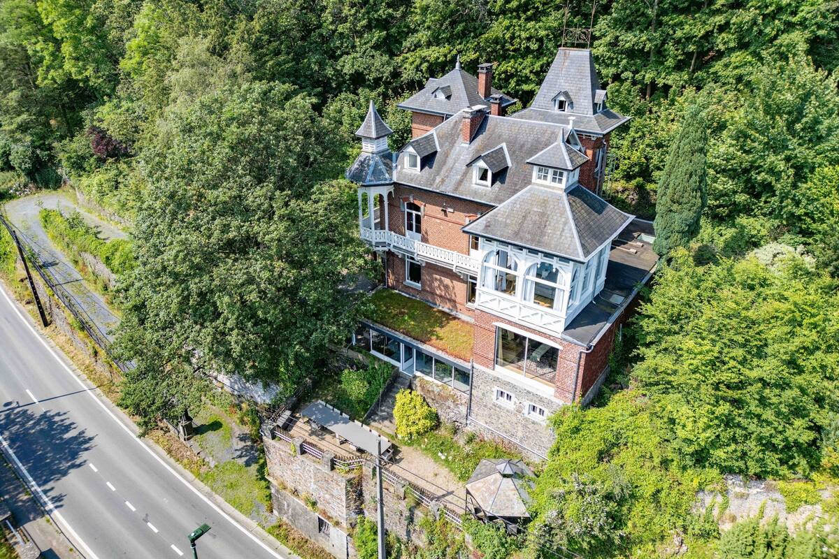 A large, multi-story house with a prominent tower, surrounded by dense greenery and a road.