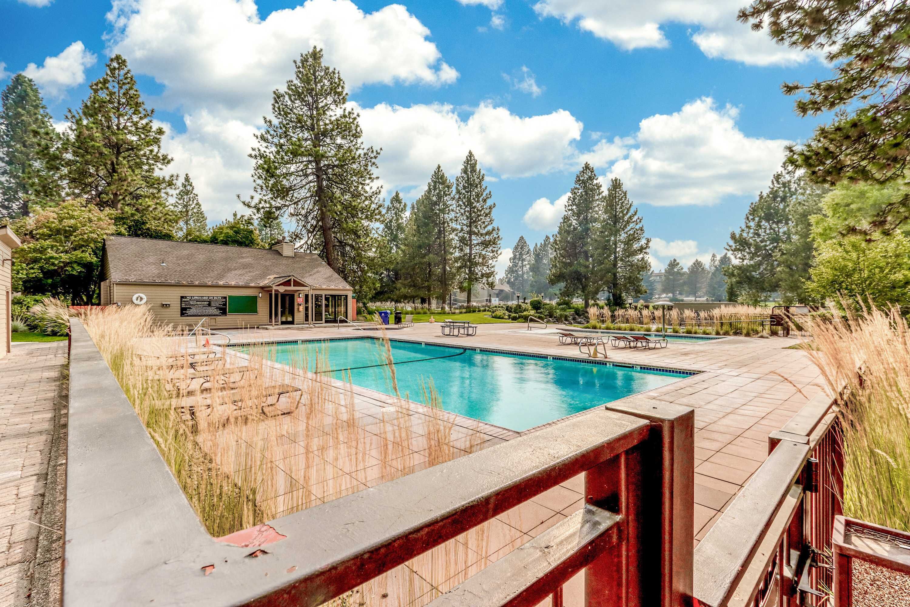 A swimming pool with a deck, surrounded by trees and a building with a green roof.