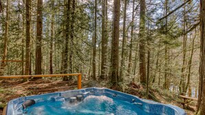 A hot tub surrounded by a forest.