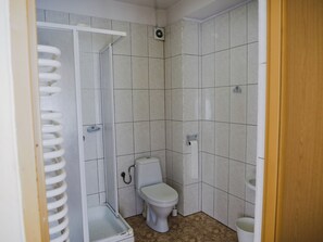 Habitación cuádruple económica, vista a la ciudad | Baño | Regadera y toallas 