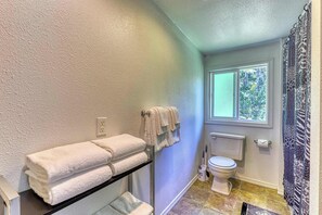 Shower, hair dryer, towels