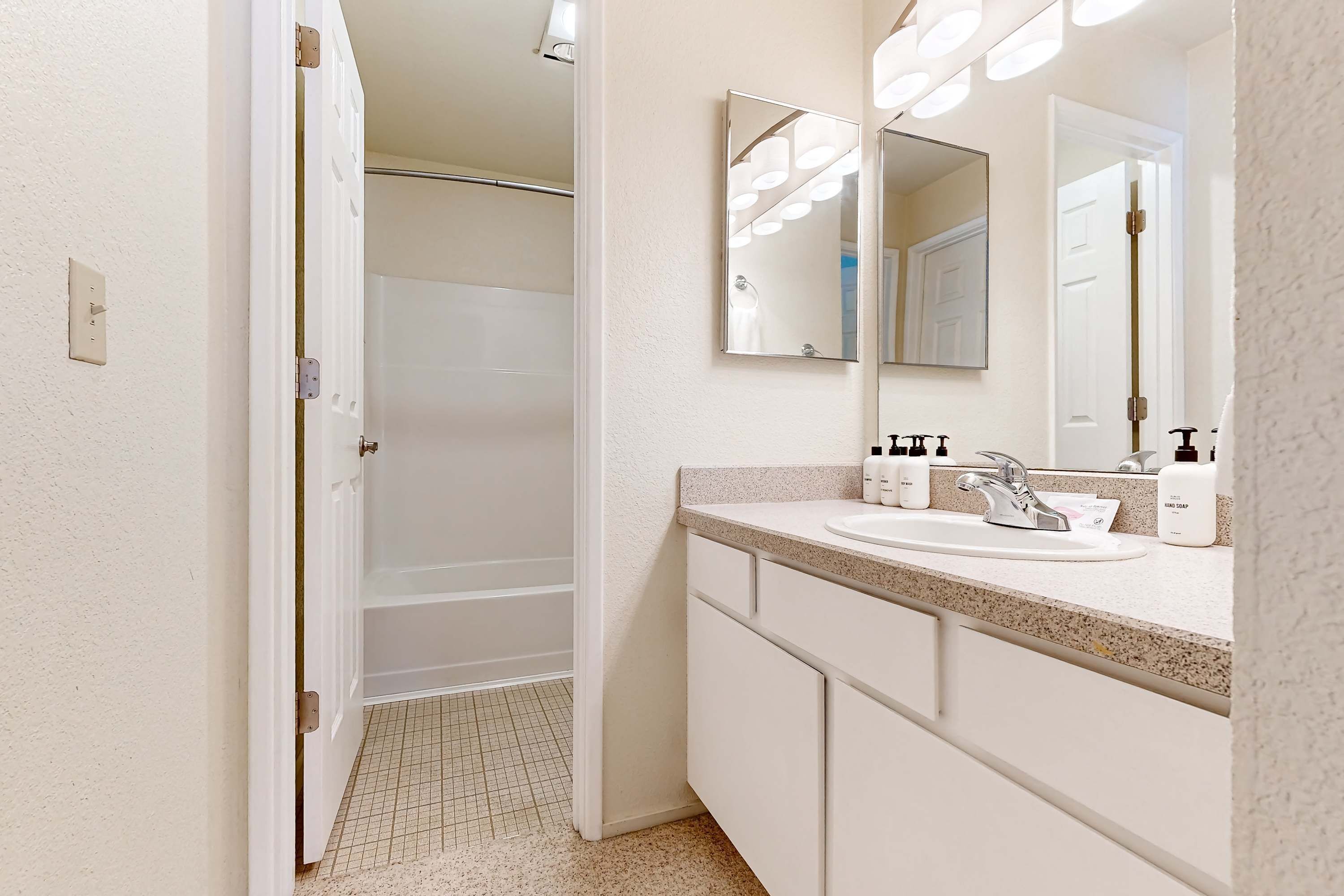 Une salle de bain avec un lavabo blanc, deux flacons de savon liquide, un miroir et un espace douche.