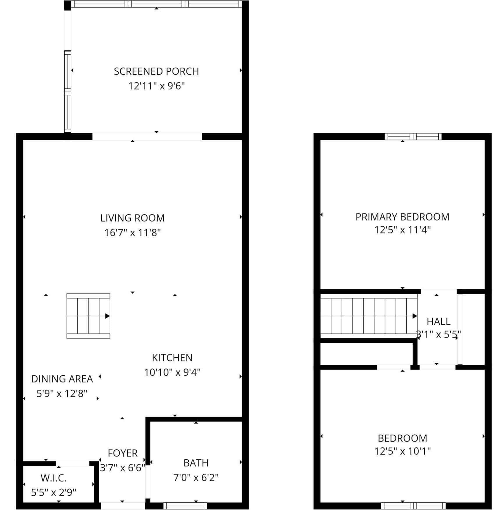 A floor plan with a living room, kitchen, dining area, screened porch, foyer, bathroom, primary bedroom, and hallway.