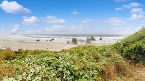 Een kustlandschap met een zandstrand, rotsformaties en weelderige groene begroeiing.