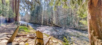 Dog-friendly, riverfront home w/ a wood-burning fireplace & views