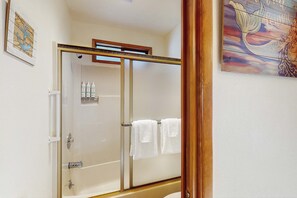 Shower, hair dryer, towels