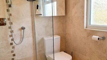 A bathroom with a glass-enclosed shower, a toilet, and a window.
