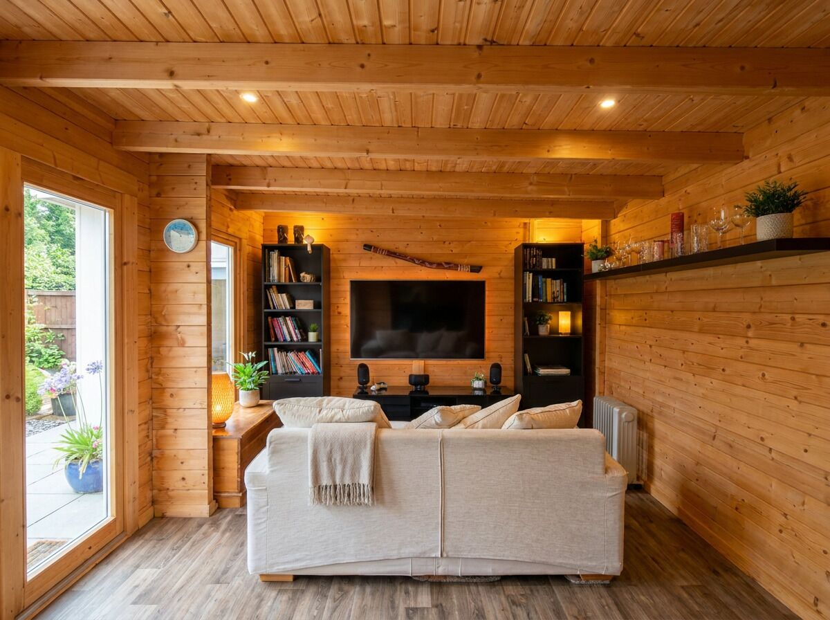 A cozy living room with a sofa, a flat-screen TV, bookshelves, and a fireplace.