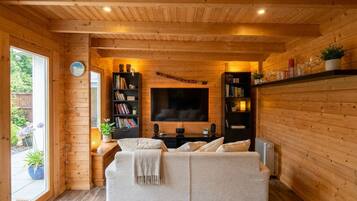 A cozy living room with a sofa, a flat-screen TV, bookshelves, and a fireplace.