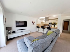 A modern living room with a grey sofa, a flat-screen TV, and a minimalist design. - Spacious Countryside Home with Games Room & Large Garden Near Swanage (Langton Matravers)