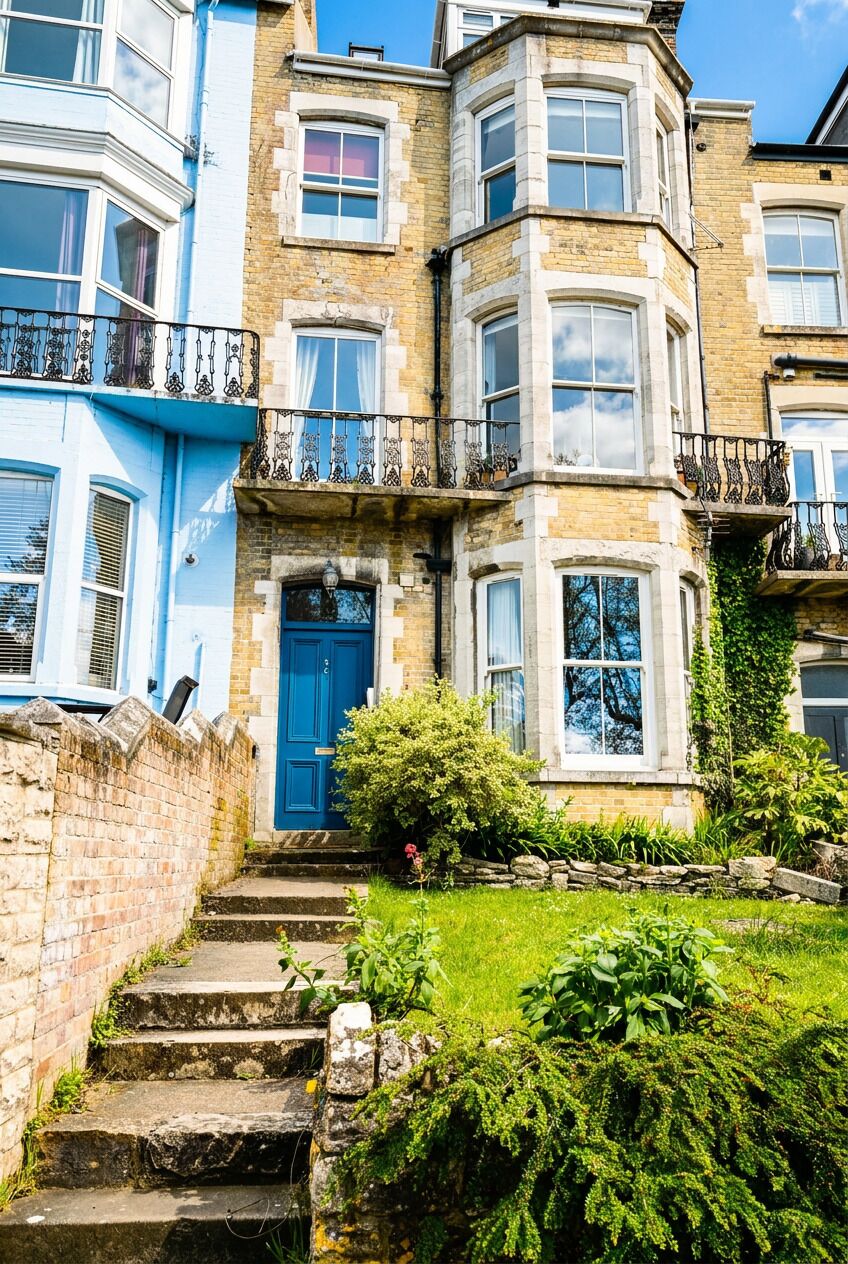 A corner building with a blue door, stone steps, and a small garden.