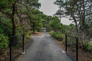A paved pathway flanked by black metal fences, leading to a small building with a green roof.
