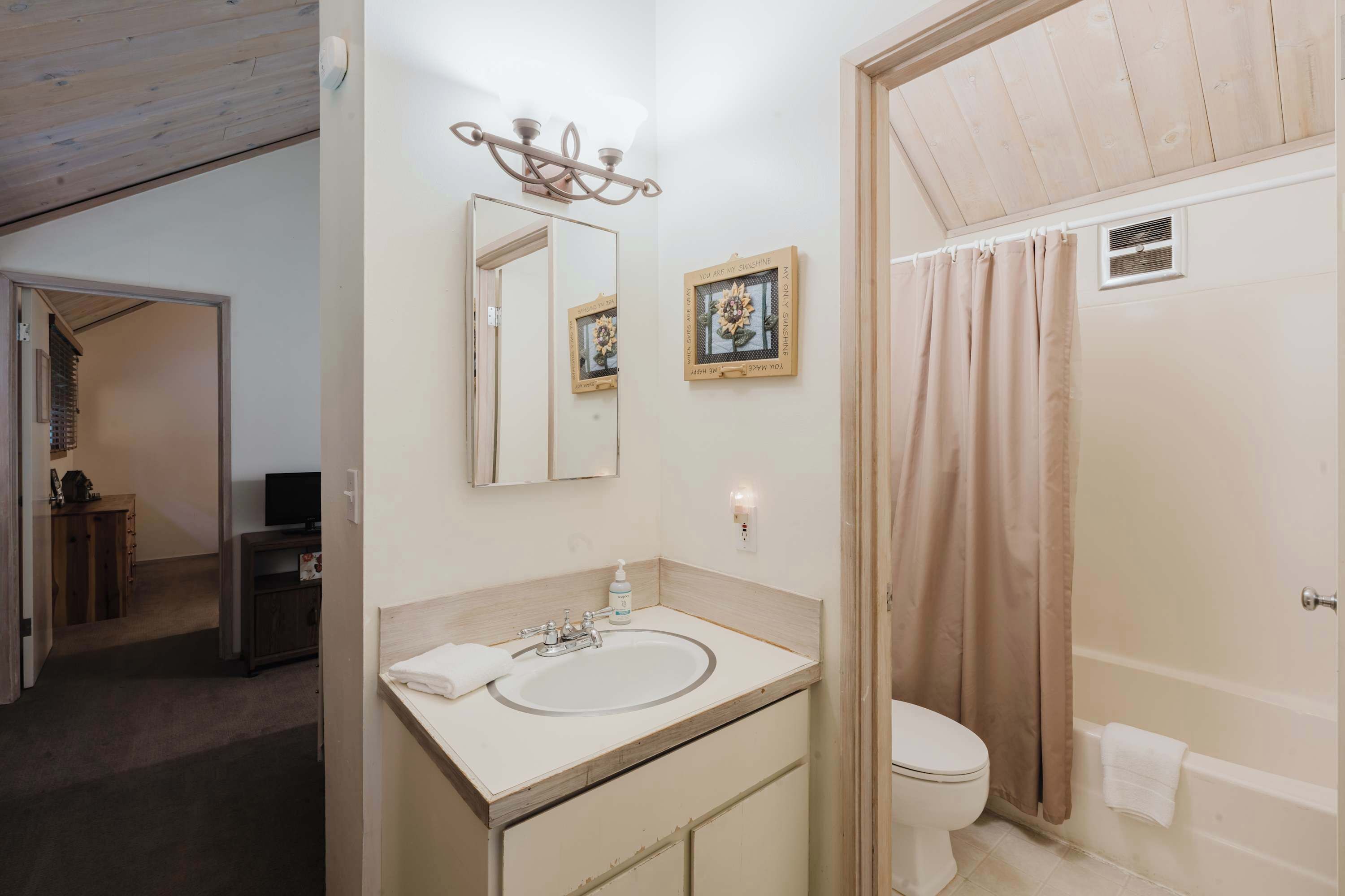 A bathroom with a sink, toilet, shower curtain, and a mirror with a framed picture.