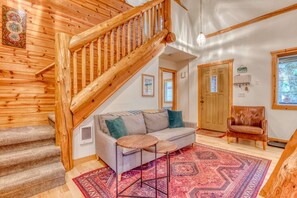 TV, fireplace, DVD player, table football - Dog-friendly cabin with deck, fenced yard, game room, & hot tub (Rhododendron)
