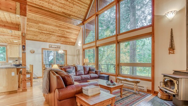 A spacious living area with a large wooden ceiling, a fireplace, and a view of the forest through large windows.