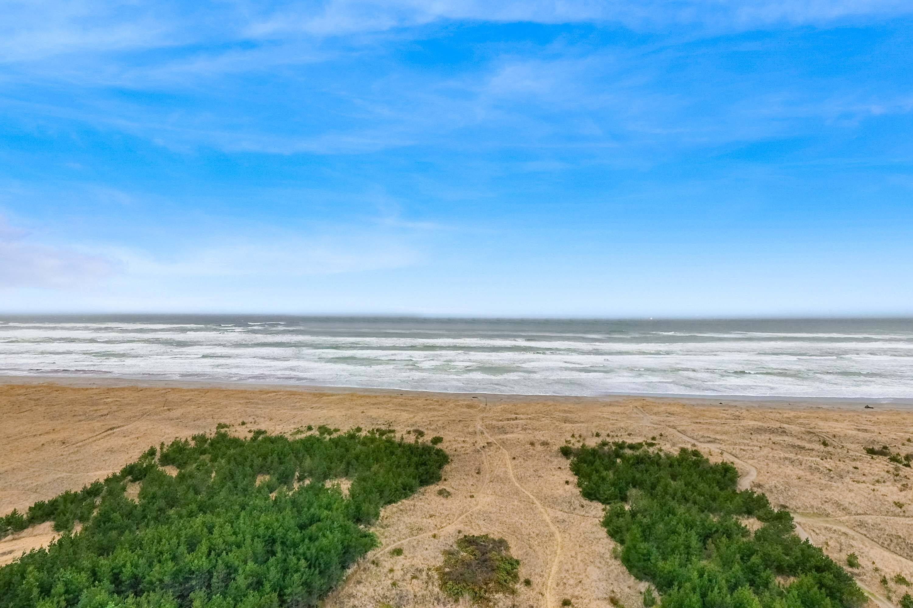 Una playa con cielo despejado, arena y vegetación verde.