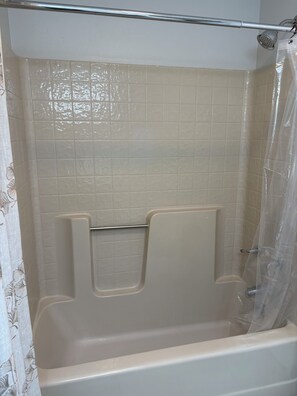 Shower, towels, soap, toilet paper