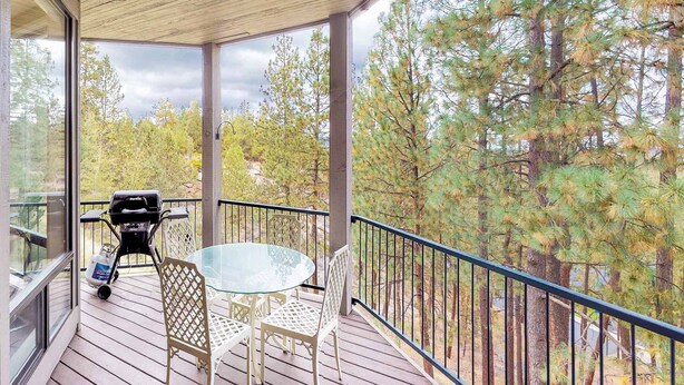 Een overdekt terras met een glazen tafel en stoelen, een barbecue en uitzicht op bomen.
