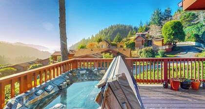 Dog-friendly cabin withprivate hot tub, large deck & beautiful ocean mountain view