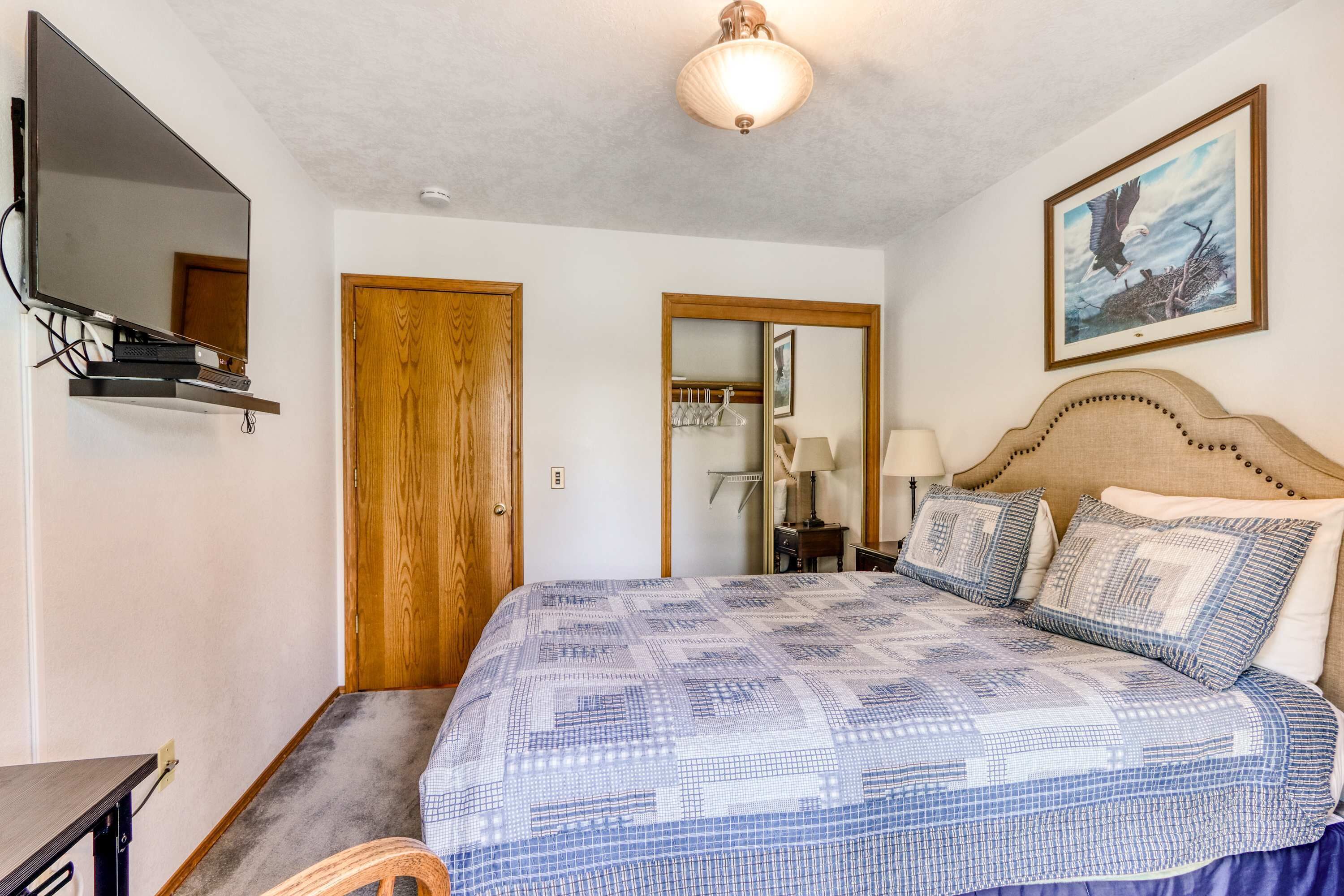 A bedroom with a bed, a television, a wooden door, a framed picture, and a ceiling light.