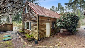 A small wooden cabin with a metal roof, surrounded by trees and potted plants.