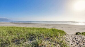 Una playa con arena, hierba y un cielo despejado.