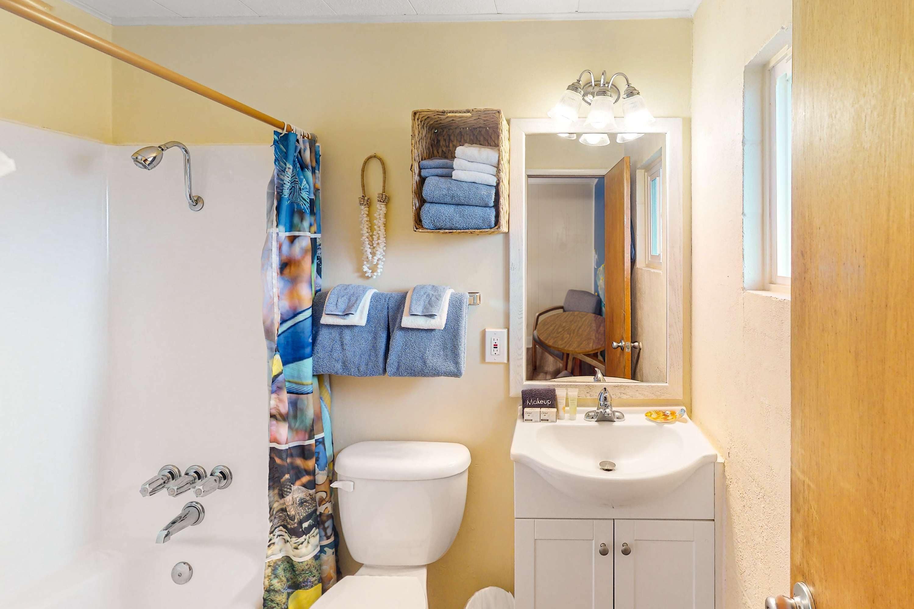 Shower, hair dryer, towels