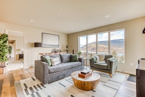 Living area - Modern mountain & river-view house with balcony, deck, gym, and WiFi (Mosier)