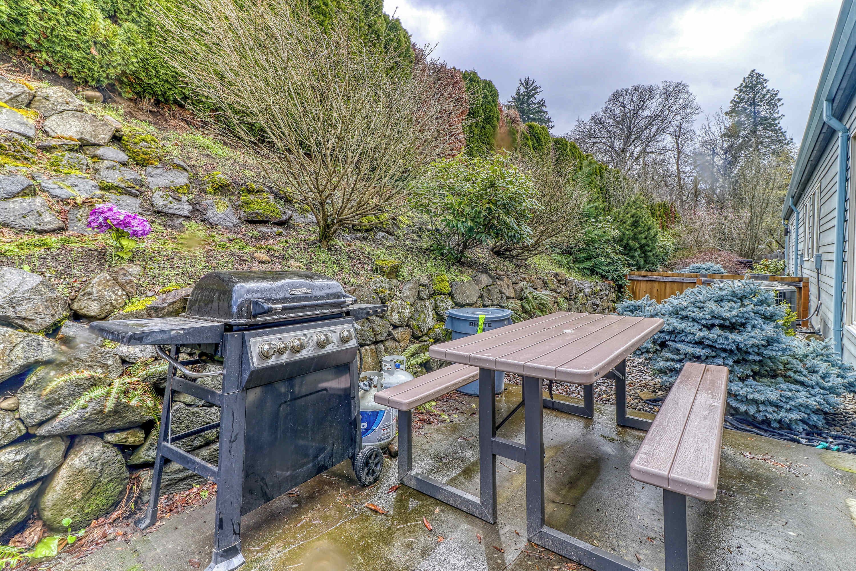 Un espace extérieur aménagé avec un barbecue, une table de pique-nique et des bancs.