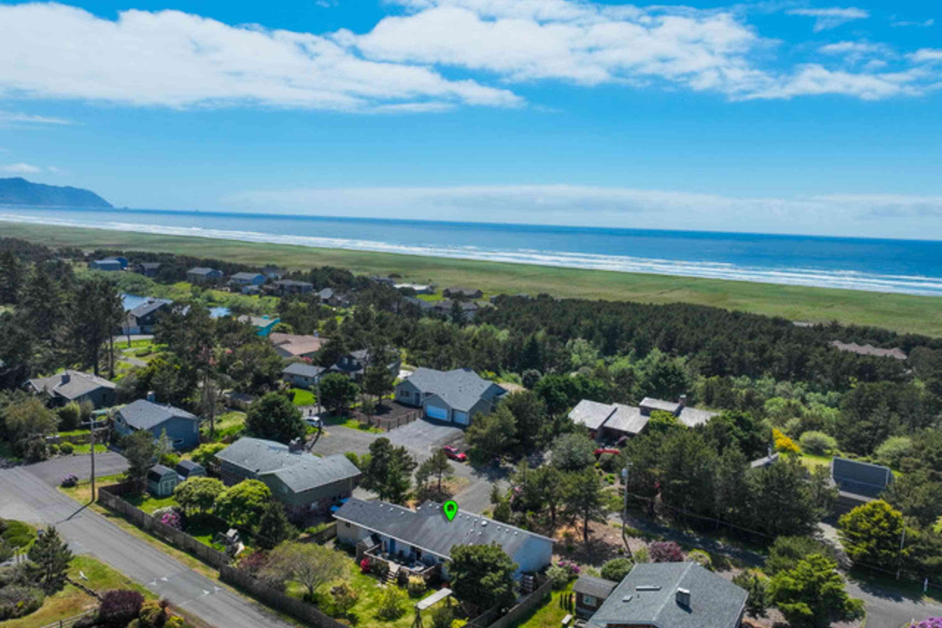 A residential area with houses, a road, and a view of the ocean.