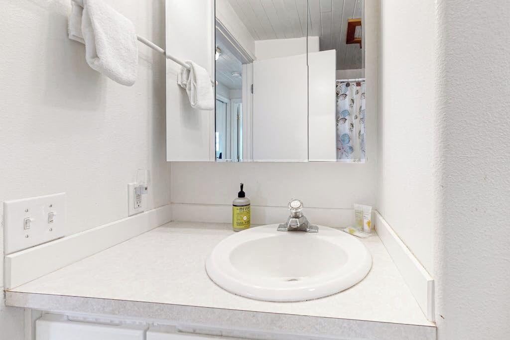 Un bagno con un lavandino bianco, uno specchio, un portascopevoli e una bottiglia di sapone per le mani.