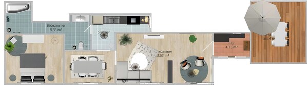 Planta baixa de um hotel mostrando um banheiro, cozinha compacta, área de refeições e sala de estar com lareira.