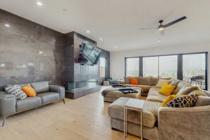 TV, fireplace, foosball, offices